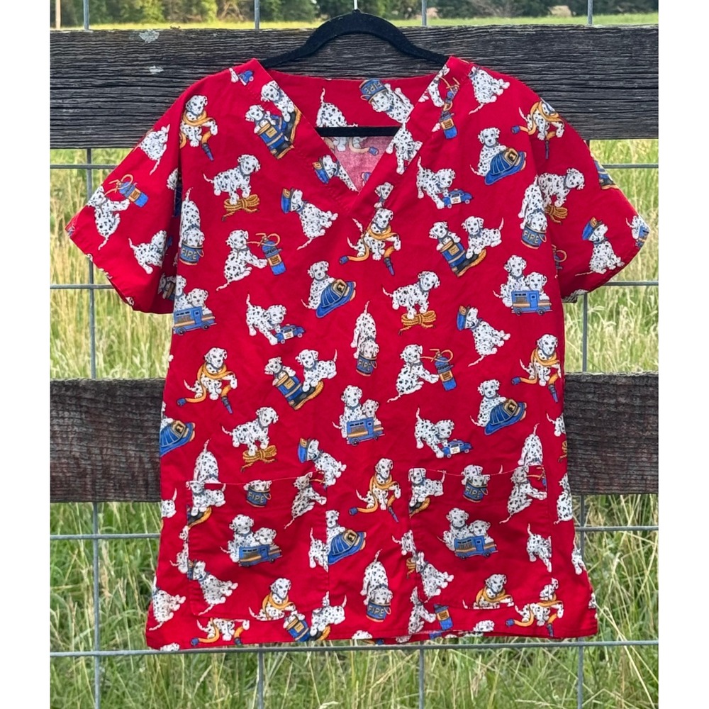 Red‎ Dalmatian Puppy Fire Rescue Scrub Top V-Neck Short Sleeve Nurse Vet Pockets